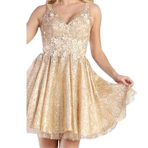 May Queen Gold Floral Lace Mini Dress